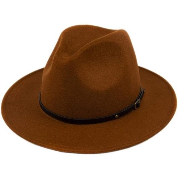 Lanzom Womens Classic Wide Brim Floppy Panama Hat Belt Buckle Wool Fedora Hat